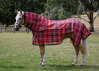 Scarlet Ultra Mesh mare nursing rug neck combo on a palomino pony, full side view showing the nursing cut-out at the rear flank