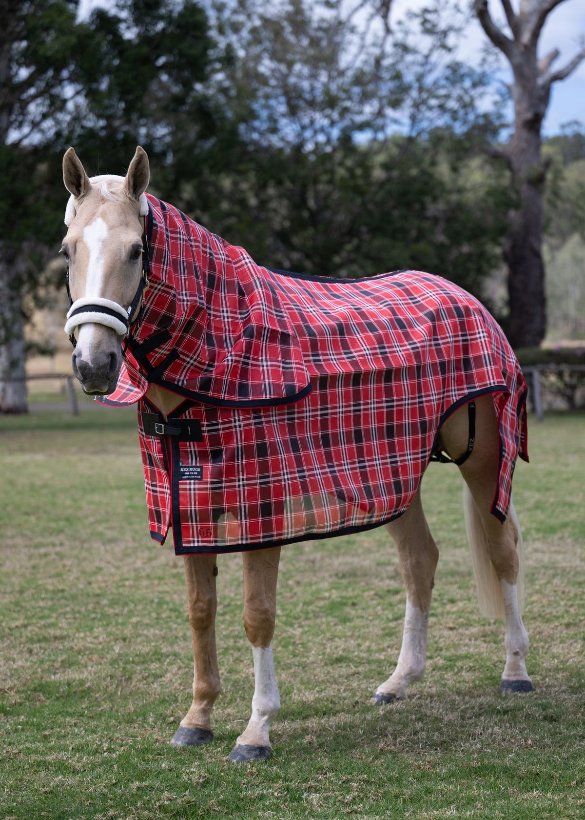 Scarlet Ultra Mesh mare nursing rug neck combo, front three-quarter view with the flank cut-out visible