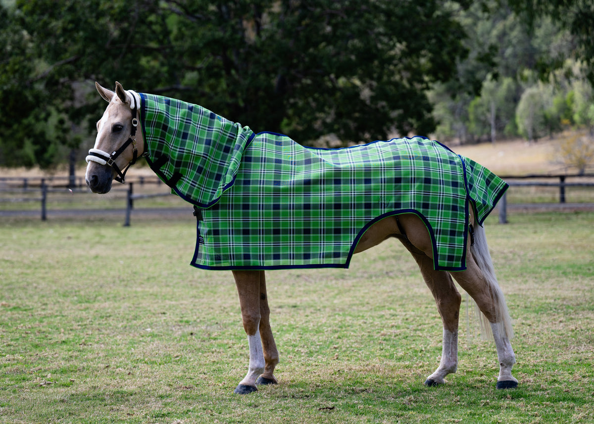 Evergreen Ultra Mesh mare nursing rug neck combo on a palomino pony, full side view showing the nursing cut-out at the rear flank