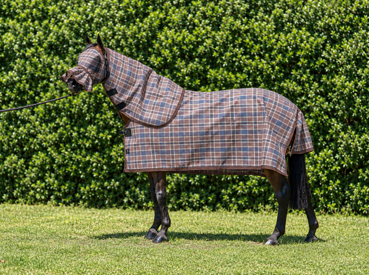 Ice Coffee Summer Weave mesh combo with fly mask on a bay horse
