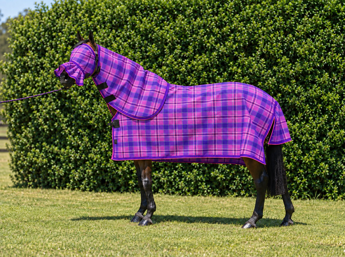 Blossom Ultra Mesh Summer Weave neck combo with matching fly mask, full side view, AI colour-matched to real product photography