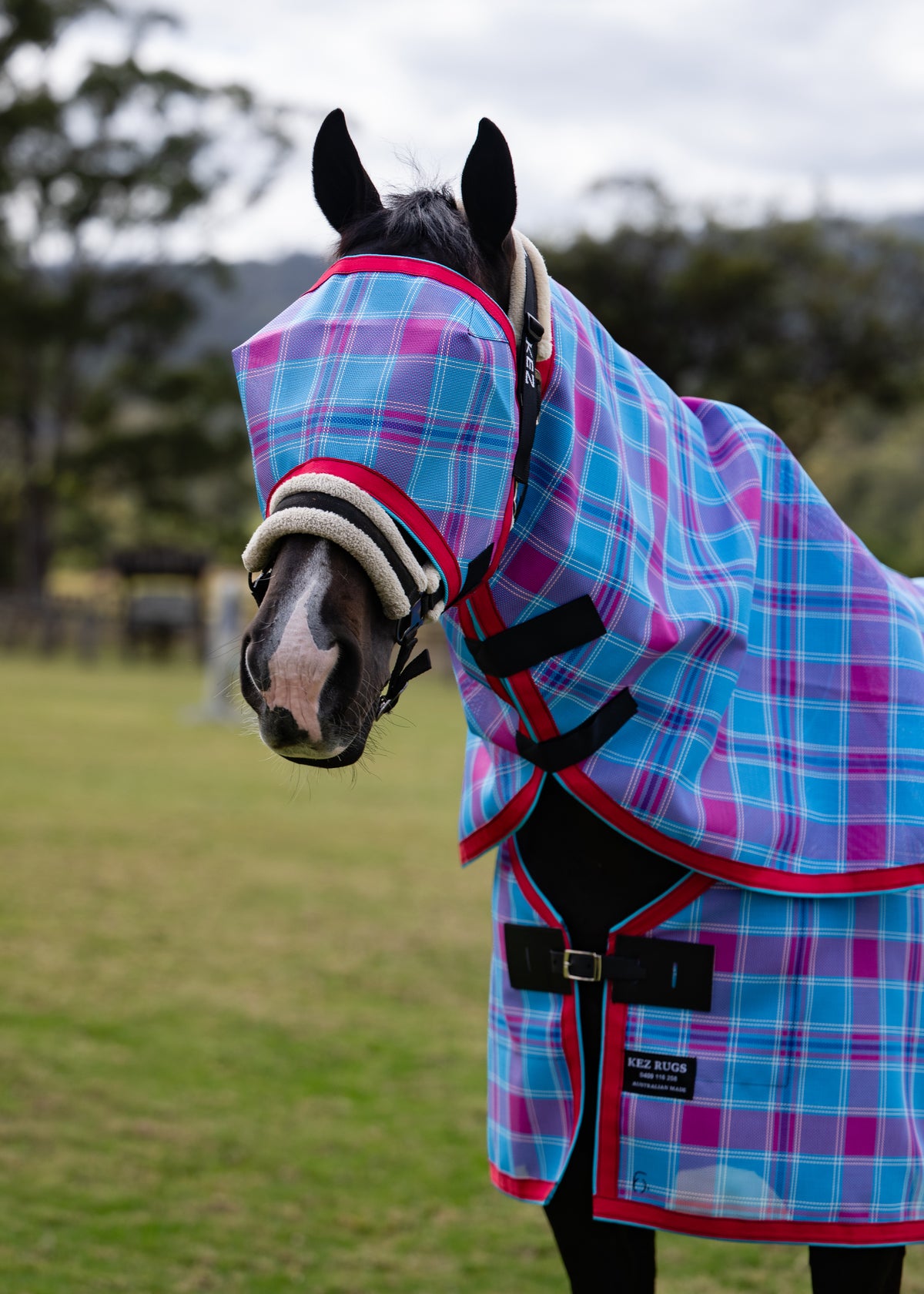 Bubble Gum Ultra Mesh Fly Mask without nose attachment and matching neck combo, front view