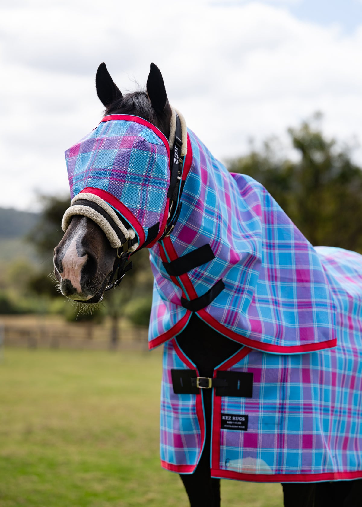 Bubble Gum Ultra Mesh Fly Mask without nose attachment and matching neck combo, three-quarter portrait