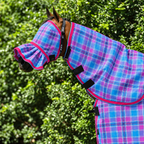 Bubble Gum Ultra Mesh Fly Mask with pleated nose and matching neck combo, pink binding and turquoise piping