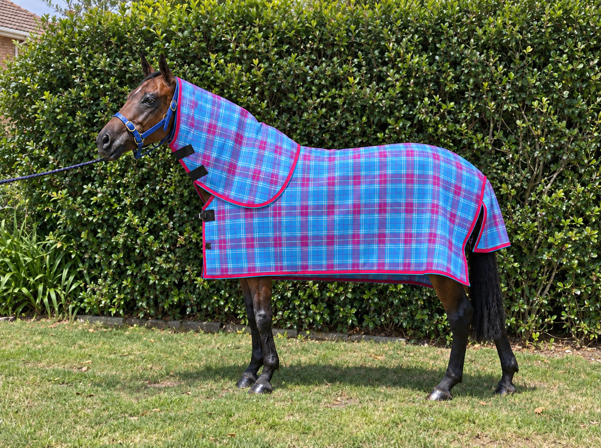 Bubble Gum Ultra Mesh Summer Weave neck combo on a bay horse, pink binding and turquoise piping