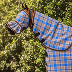 Ice Coffee Ultra Mesh Fly Mask with nose attachment and matching neck combo, close-up, AI colour-matched to real product photography