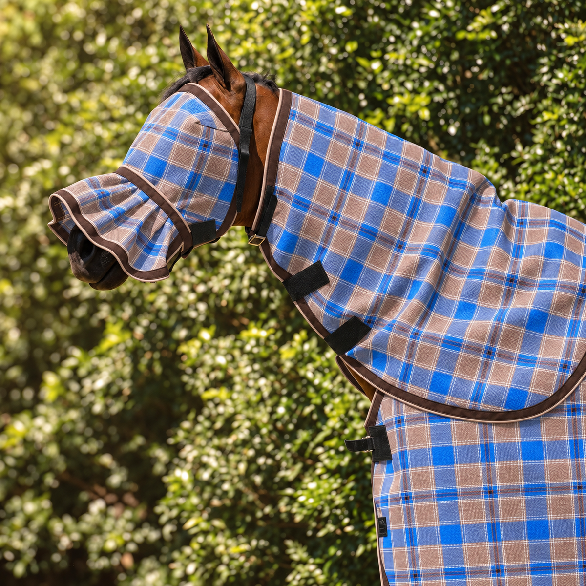 Ice Coffee Ultra Mesh Fly Mask with nose attachment and matching neck combo, close-up, AI colour-matched to real product photography