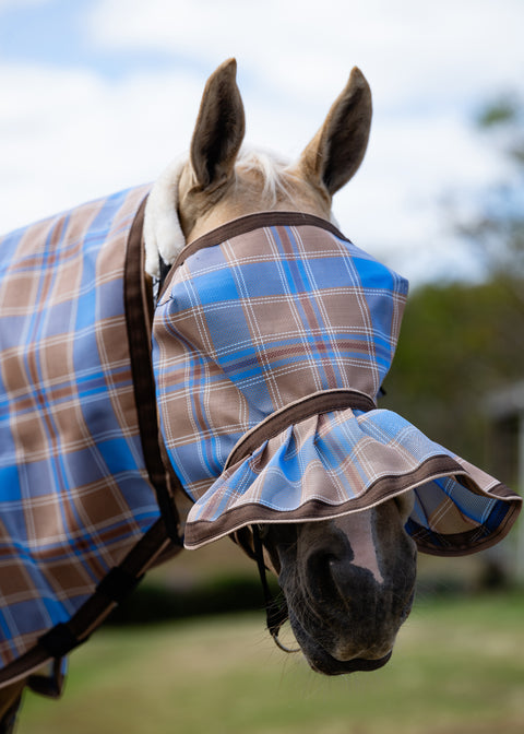 Ice Coffee Ultra Mesh Fly Mask with pleated nose attachment, main front close-up