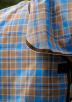 Ice Coffee Ultra Mesh Summer Weave, tan and blue woven mesh with brown binding and beige piping