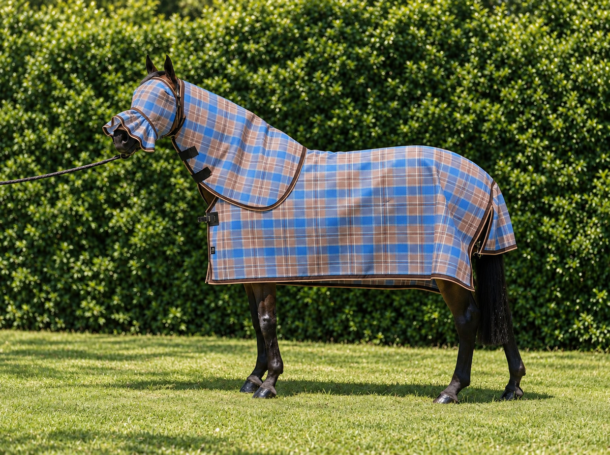 Ice Coffee Ultra Mesh Summer Weave neck combo with matching fly mask, full side view, AI colour-matched to real product photography
