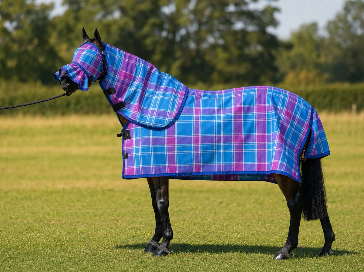 Bubble Gum Summer Weave mesh combo with fly mask on a bay horse