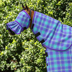 Lavender Ultra Mesh Fly Mask with nose attachment and matching neck combo, close-up, AI colour-matched to real product photography