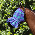 Lavender Ultra Mesh Fly Mask with nose attachment, three-quarter close-up, AI colour-matched to real product photography