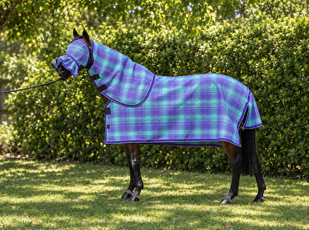 Lavender Ultra Mesh Summer Weave neck combo with matching fly mask, full side view, AI colour-matched to real product photography