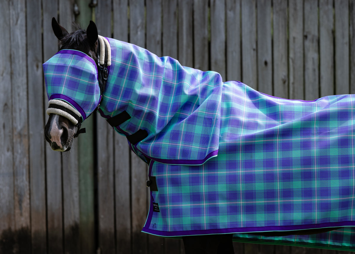 Lavender Ultra Mesh Summer Weave neck combo with no-nose fly mask, neck and shoulder close-up