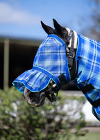 Close-up of the Ocean Ultra Mesh Fly Mask with pleated nose on a black horse