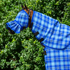 Ocean Ultra Mesh Fly Mask with pleated nose and matching neck combo on a bay horse
