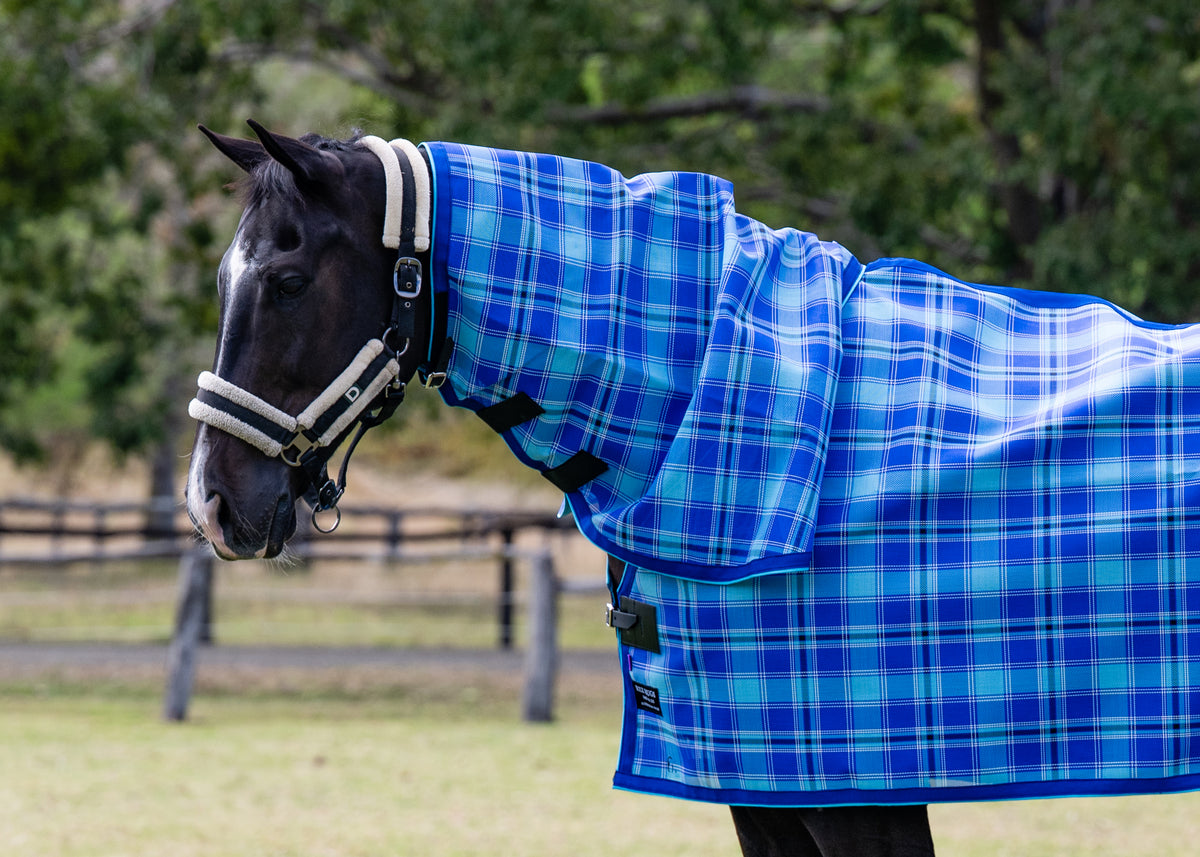 Close-up of the Ocean Ultra Mesh Summer Weave neck rug on a black horse
