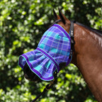 Lavender Fly Mask with pleated nose on a bay horse