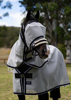 Plain Silver Ultra Mesh Fly Mask without nose attachment worn with the matching neck combo, front view