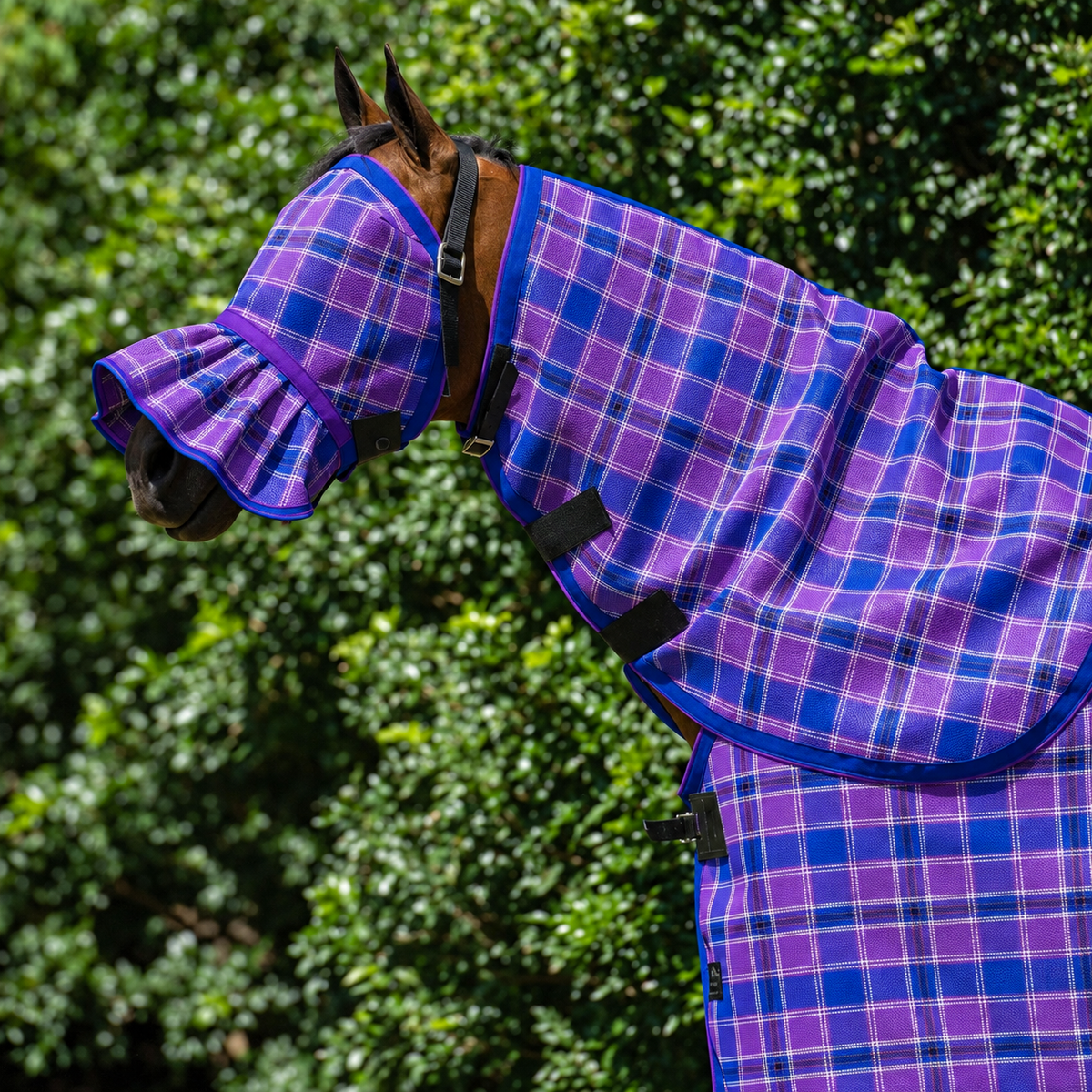 Regal Ultra Mesh Fly Mask with nose attachment and matching neck combo, close-up, AI colour-matched to real product photography