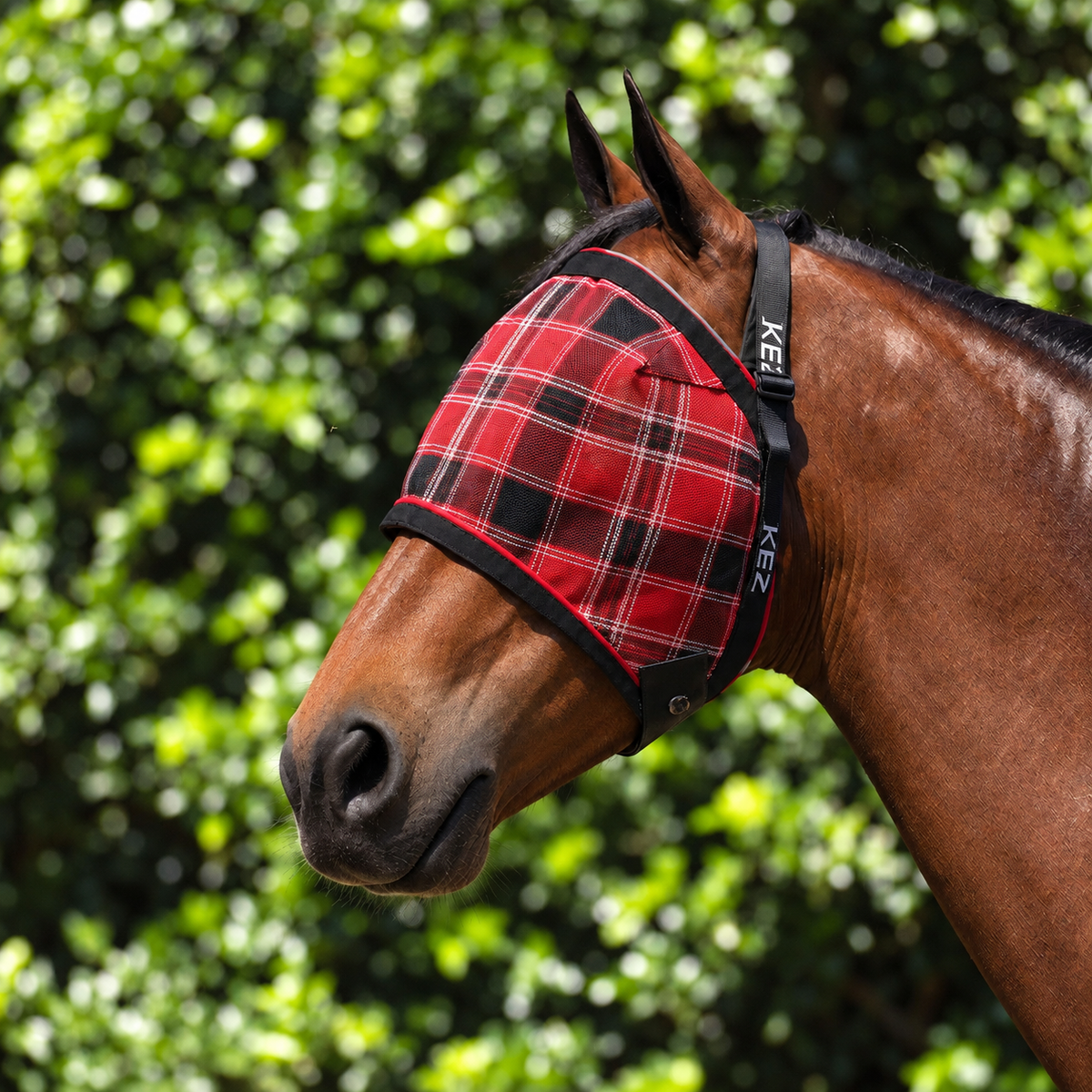 Scarlet Ultra Mesh Fly Mask without nose attachment, three-quarter close-up, AI colour-matched to real product photography