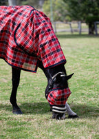 Scarlet Ultra Mesh Fly Mask without nose attachment, horse grazing