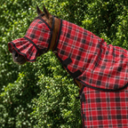 Scarlet Ultra Mesh Fly Mask with nose attachment and matching neck combo, close-up, AI colour-matched to real product photography