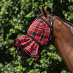 Scarlet Ultra Mesh Fly Mask with nose attachment, three-quarter close-up, AI colour-matched to real product photography