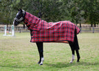 Scarlet Ultra Mesh Summer Weave neck combo, full side view near paddock jumps