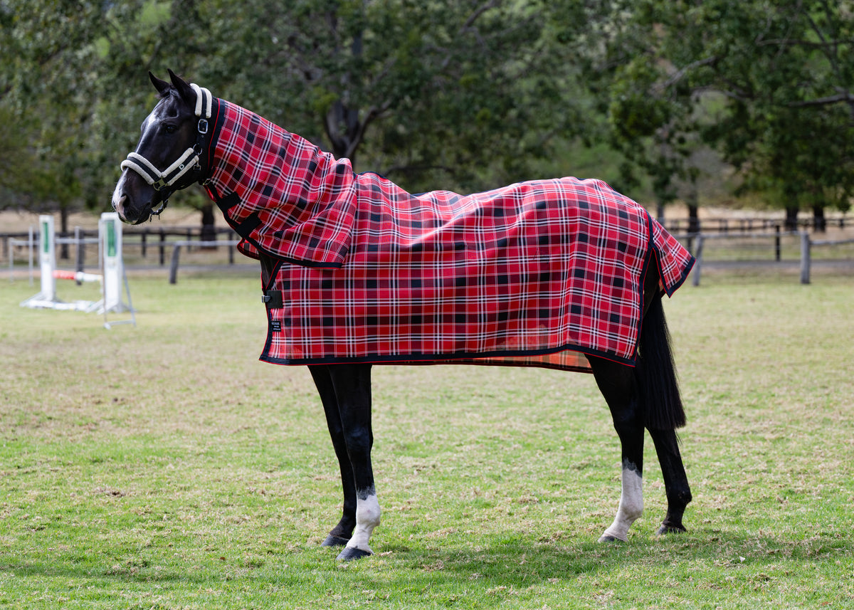 Scarlet Ultra Mesh Summer Weave neck combo, full side view near paddock jumps