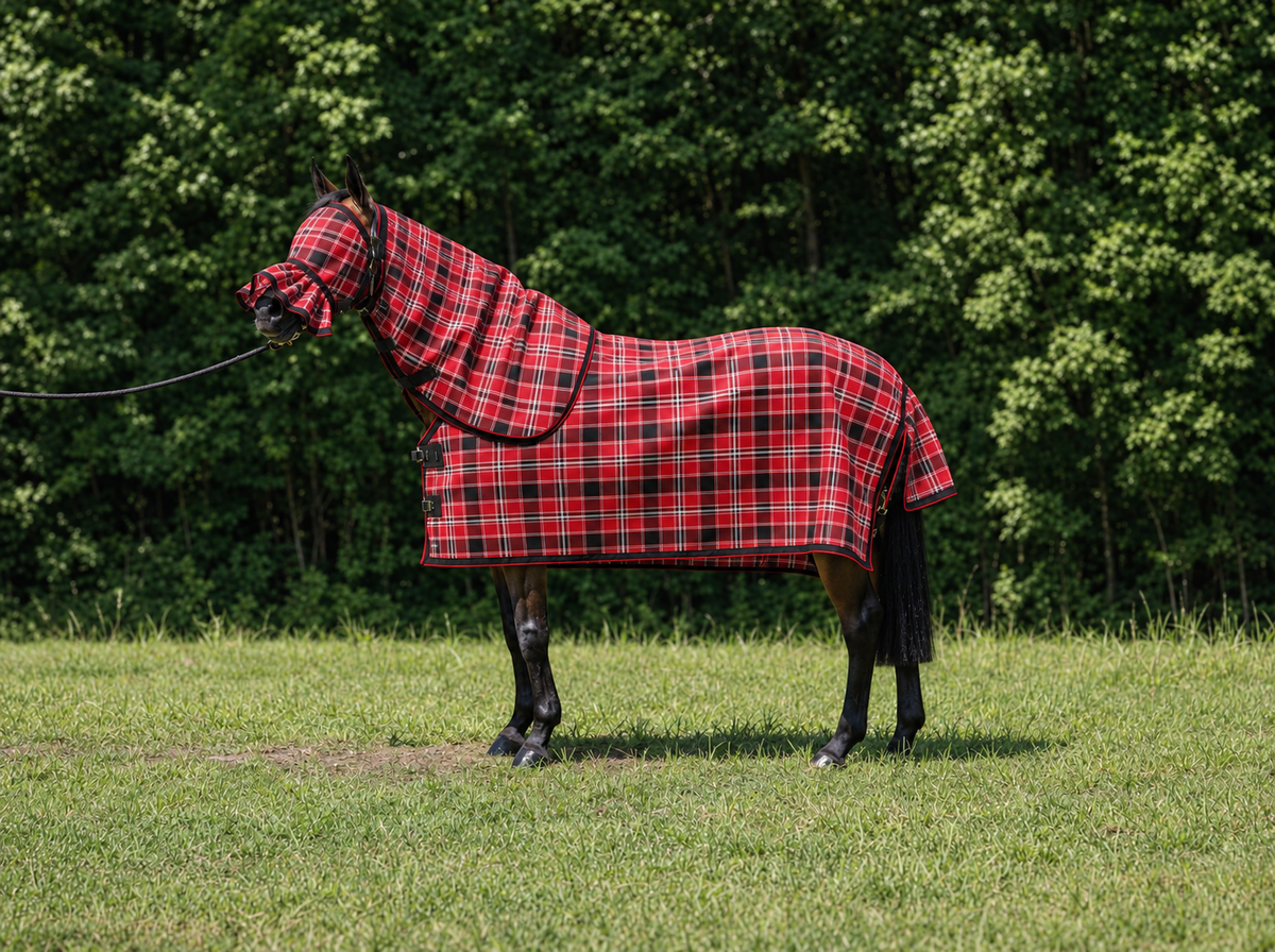 Scarlet Ultra Mesh Summer Weave neck combo with matching fly mask, full side view, AI colour-matched to real product photography