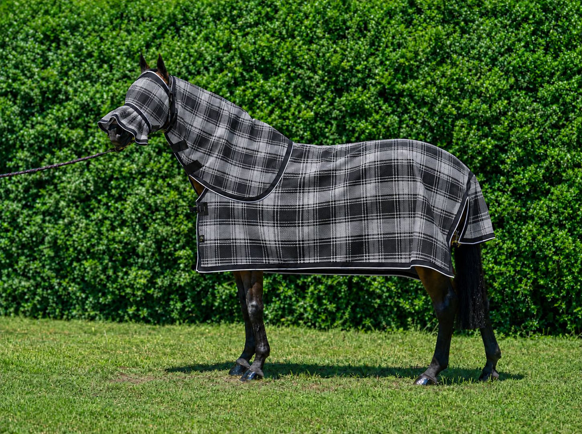 Storm Ultra Mesh Summer Weave neck combo and fly mask on a bay horse