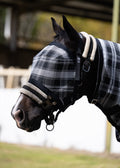 Storm Ultra Mesh Fly Mask without nose attachment on a black horse, main side view