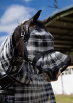 Storm Ultra Mesh Fly Mask with pleated nose attachment, right-facing close-up