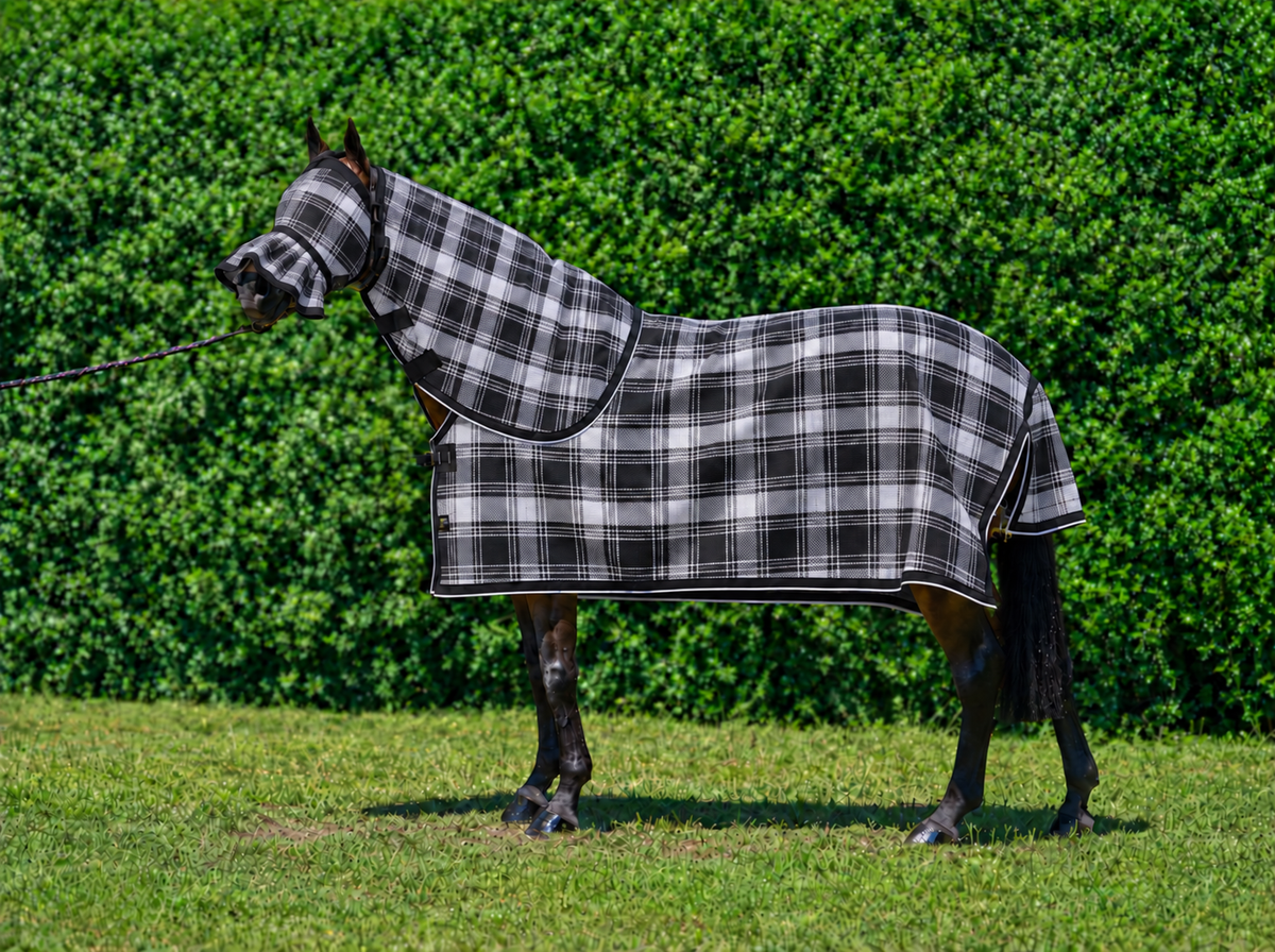 Storm Ultra Mesh Summer Weave neck combo and fly mask with pleated nose attachment on a bay horse