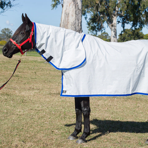 White with Blue Check Ripstop neck combo on a black horse, side view