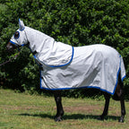 White with Blue Check Ripstop neck combo with hood, on a grey horse